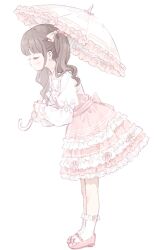  1girl bobby_socks bow brown_hair closed_eyes dress expressionless full_body hair_bow highres holding holding_umbrella lolita_fashion long_hair mary_janes mipi_(u3u_00) original parasol pink_dress profile shoes simple_background socks solo twintails two-tone_dress umbrella white_background white_dress 