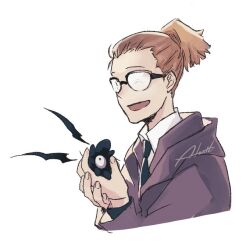  1boy alex_tiamat artist_name bat_wings black_necktie brown_hair coat collared_coat collared_shirt creature cropped_torso d.gray-man glasses golem_(d.gray-man) high_ponytail holding holding_creature johnny_gill long_sleeves looking_at_creature male_focus medium_hair necktie one-eyed parted_lips ponytail purple_coat shirt signature simple_background smile solo white_background white_shirt wings 