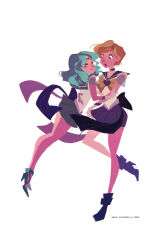 2girls ^_^ ann_marcellino aqua_hair artist_name bishoujo_senshi_sailor_moon blonde_hair bow bowtie closed_eyes commentary couple english_commentary full_body hand_on_another's_waist high_heels kaiou_michiru long_hair magical_girl multiple_girls sailor_collar sailor_neptune sailor_senshi sailor_senshi_uniform sailor_uranus short_hair simple_background skirt ten'ou_haruka white_background yellow_bow yellow_bowtie yuri 