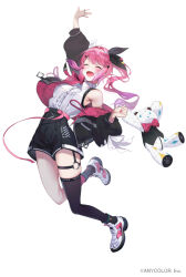  1girl :d alicecoco arm_up asymmetrical_legwear black_bow black_jacket black_shorts bow breasts closed_mouth collared_shirt commentary company_name copyright_notice facing_viewer full_body garter_straps gradient_hair hair_bow hair_ornament hairclip jacket jacket_partially_removed jumping kuramochi_meruto kuramochi_meruto_(1st_costume) long_hair mismatched_legwear multicolored_hair nijisanji o-ring o-ring_thigh_strap off_shoulder official_art open_clothes open_jacket parallel_hairclips pink_hair pink_jacket polka_dot polka_dot_bow purple_hair rene_(kuramochi_meruto) shirt shirt_tucked_in shoes shorts side_ponytail simple_background single_thighhigh sleeveless sleeveless_shirt smile sneakers solo stuffed_animal stuffed_toy teddy_bear thigh-highs thigh_strap two-sided_fabric two-sided_jacket virtual_youtuber white_background white_shirt white_shoes 