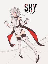  1girl artist_name black_thighhighs bracelet clenched_hands full_body gloves hair_between_eyes highres hood hood_down jewelry leotard logo looking_at_viewer pale_skin red_eyes short_hair shy_(character) shy_(series) thigh-highs white_background white_gloves white_hair x_xtille 