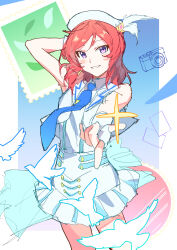  1girl bird blue_background blue_necktie blush border camera commentary_request cowboy_shot cropped_jacket digital_camera finger_gun gradient_background grin hat hat_feather highres inazuma_(elect_line) jacket looking_at_viewer love_live! love_live!_school_idol_project medium_hair miniskirt necktie nishikino_maki open_clothes open_jacket pleated_skirt red_hair shirt skirt sleeveless sleeveless_jacket smile solo violet_eyes white_border white_hat white_shirt white_skirt wonderful_rush 