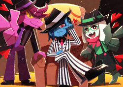  1boy 1girl 1other absurdres androgynous animal_ears black_eyes black_hair black_hat black_overalls black_shirt black_shoes black_suit blue_skin boots bright_pupils closed_mouth colored_sclera colored_skin commentary_request crossed_legs deltarune fangs finger_gun freckles furry furry_female furry_male green_boots green_shirt hat heart high_heel_boots high_heels highres index_finger_raised kris_(dark_world)_(deltarune) kris_(deltarune) kris_(gangster)_(deltarune) long_hair long_sleeves necktie overalls pants pink_scarf purple_hair purple_necktie purple_pants purple_skin ralsei ralsei_(gangster) red_eyes red_necktie reptile_girl scarf shirt shoes short_hair sitting skin_fangs smile standing suit susie_(dark_world)_(deltarune) susie_(deltarune) susie_(gangster)_(deltarune) utdr_(toby_fox) vertical-striped_suit watawata22 white_pupils white_suit yellow_sclera 