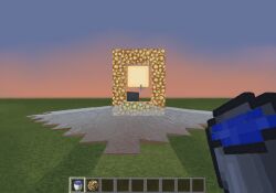  aether_portal alt_text block_(minecraft) blue_sky bucket commentary disappointed english_commentary even-more-nonsense failure fake_screenshot gameplay_mechanics glowstone gradient_sky grass grasslands heads-up_display holding holding_bucket horizon landscape minecraft orange_sky outdoors painting_(medium) pink_sky portal_(object) sky spill sun sunset the_aether_(minecraft) traditional_media user_interface water 