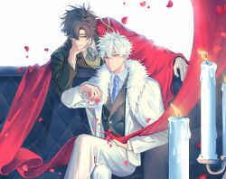  2boys black_hair black_jacket black_suit blue_eyes blue_necktie candle candlestand cape cheng_xiaoshi closed_mouth collared_shirt commentary_request couch crossed_legs earrings falling_petals flower formal_clothes fur-trimmed_cape fur_trim hair_between_eyes head_rest highres holding jacket jewelry lin3 long_sleeves looking_at_viewer lu_guang male_focus multiple_boys necktie pants petals shiguang_dailiren shirt short_hair sitting smile suit vest white_background white_hair white_jacket white_pants white_shirt white_suit yellow_eyes 