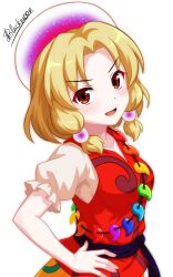  1girl absurdres black_sash blonde_hair blunt_tresses blush breasts commentary_request hand_on_own_hip headpiece highres looking_at_viewer magatama medium_hair open_mouth puffy_short_sleeves puffy_sleeves rainbow_order red_eyes red_vest sash shgngzhngdeyti1 shirt short_sleeves simple_background skirt small_breasts smile solo tamatsukuri_misumaru touhou vest waist_sash white_background yellow_skirt 