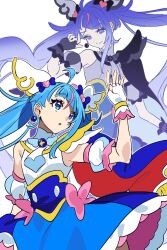  2girls black_sky_(precure) blue_cape blue_dress blue_eyes blue_hair bow brooch cape cure_sky cut_bangs detached_sleeves dress dress_bow earclip earrings fingerless_gloves frilled_dress frills fringe_trim gloves hair_ornament highres hirogaru_sky!_precure jewelry long_hair looking_at_another looking_back magical_girl multicolored_hair multiple_girls pink_bow pink_hair precure puffy_detached_sleeves puffy_sleeves red_cape single_sidelock sleeveless sleeveless_dress sora_harewataru streaked_hair twintails two-sided_cape two-sided_fabric two-tone_dress two-tone_hair very_long_hair white_dress white_gloves wing_brooch wing_hair_ornament zassou_(taitakoiri) 