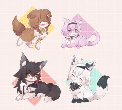  >_< ^_^ animal animal_focus animal_with_hair animalization black_hair black_hairband black_hat braid brown_dog brown_hair cat closed_eyes commentary_request dog fox grid_background hairband hat hololive hololive_gamers inugami_korone long_hair mini_hat mini_top_hat multicolored_hair nako_(user_wnnm5534) nekomata_okayu no_humans ookami_mio purple_cat purple_hair red_streaks shirakami_fubuki short_hair streaked_hair top_hat twin_braids violet_eyes white_hair wolf yellow_eyes 