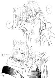  2girls absurdres animal_ears bare_shoulders blush carrying cho_kaguya-hime! choker closed_eyes commentary_request face-to-face forehead_jewel fox_ears genkounikki01 greyscale hair_ornament hair_rings hair_stick halterneck highres long_hair long_sleeves looking_at_another medium_hair monochrome multiple_girls open_mouth parted_lips princess_carry runami_yachiyo runami_yachiyo_(chibi) runami_yachiyo_(tsukuyomi) sakayori_iroha sakayori_iroha_(tsukuyomi) simple_background sketch sweatdrop translated twintails white_background wide_sleeves yuri 