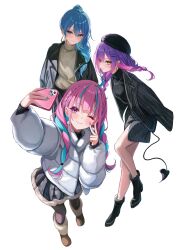  3girls ;) ahoge alternate_costume alternate_hairstyle aqua_hair beret black_bow black_hat black_jacket black_pantyhose black_skirt black_sweater blue_eyes blue_hair boots bow braid braided_ponytail brown_boots closed_mouth colored_inner_hair commentary_request demon_girl demon_tail double-parted_bangs earrings full_body fur-trimmed_boots fur-trimmed_skirt fur_trim green_eyes grey_skirt hair_between_eyes hair_ornament hairclip half_crown_braid hat highres hololive hoop_earrings hoshimachi_suisei jacket jewelry lapels long_hair low_twin_braids minato_aqua miniskirt multicolored_hair multiple_girls notched_lapels one_eye_closed pantyhose parallel_hairclips piercing pink_hair pinstripe_jacket pinstripe_pattern pinstripe_skirt plaid_clothes plaid_skirt pointy_ears pom_pom_(clothes) pom_pom_earrings purple_hair reaching reaching_towards_viewer ribbed_sweater sa-ya2 selfie simple_background skirt smile star_(symbol) star_in_eye startend_(hololive) streaked_hair sweater symbol_in_eye tail tail_ornament tail_piercing tokoyami_towa transparent_background turtleneck turtleneck_sweater twin_braids two-tone_hair v violet_eyes virtual_youtuber white_jacket white_sweater 