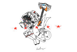  1girl 1other absurdres astronaut barefoot book commentary_request floating guitar helmet highres instrument kaduise limited_palette open_book original reading space_helmet spacesuit star_(sky) surreal 