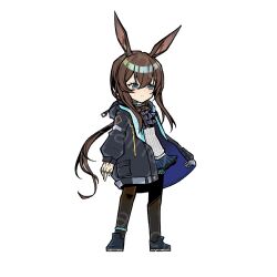  1girl amiya_(arknights) animal_ears anklet arknights ascot ba_yun_qi blue_ascot blue_jacket brown_hair brown_pantyhose chinese_commentary choker commentary_request full_body infection_monitor_(arknights) jacket jewelry limbus_company long_hair low_ponytail pantyhose parody ponytail project_moon rabbit_ears solo style_parody sweater very_long_hair white_sweater 