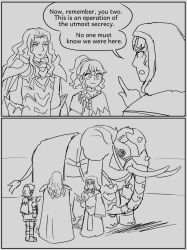  1girl 2boys address_me_(meme) anna_(fire_emblem) anna_(fire_emblem:_fortune's_weave) cape dietrich_gregor_lamine eggtempest elephant english_text fire_emblem fire_emblem:_fortune's_weave high_ponytail highres hood hood_down meme multiple_boys ponytail scene_reference solel_(fire_emblem) 