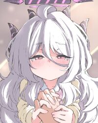  1girl 1other black_horns blue_archive blush brown_background cardigan commentary_request demon_girl demon_horns hair_between_eyes halo highres hina_(blue_archive) hina_(pajamas)_(blue_archive) holding_hands horns interlocked_fingers long_hair long_sleeves looking_at_viewer multiple_horns norippe_(user_zgsf8872) official_alternate_costume pajamas pink_eyes pink_pajamas pink_shirt pov pov_hands purple_halo shirt simple_background solo_focus upper_body white_hair yellow_cardigan 