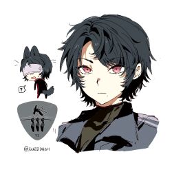  1girl ? anse1289567 armored_core armored_core_vi:_fires_of_rubicon black_bodysuit black_hair black_shirt bodysuit chibi commentary_request embarrassed emblem expressionless grey_jacket head-mounted_display highres jacket looking_at_viewer mole mole_under_mouth pink_eyes shirt short_hair simple_background sweatdrop twitter_username upper_body v.vi_maeterlinck white_background 