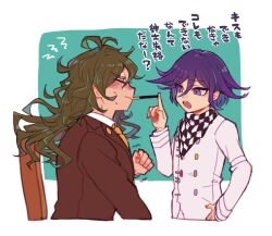  2boys ayataka_(tmtayata) bandana bandana_around_neck brown_jacket checkered_bandana commentary_request danganronpa_(series) danganronpa_v3:_killing_harmony food food_in_mouth glasses gokuhara_gonta green_hair hair_between_eyes index_finger_raised jacket long_hair long_sleeves male_focus multiple_boys necktie oma_kokichi open_mouth pocky pocky_in_mouth purple_hair round_eyewear shirt translation_request violet_eyes white_shirt yellow_necktie 
