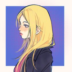  1girl absurdres black_jacket blonde_hair blush doctor_who earrings from_side halftone halftone_background highres hoop_earrings huolalaojiugong jacket jewelry lips long_hair nose parted_bangs pink_shirt profile rose_tyler shirt solo upper_body 