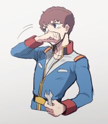  1boy absurdres amuro_ray belt black_belt blue_eyes blue_jacket brown_hair collar commentary_request cropped_torso curly_hair earth_federation_space_forces gundam hand_on_own_face highres holding holding_wrench jacket light_blush long_sleeves male_focus military_uniform mobile_suit_gundam oh_syz partially_unzipped red_collar red_wrist_cuffs shirt short_hair simple_background solo t-shirt upper_body white_shirt wrench wrist_cuffs 