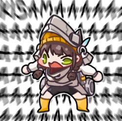  1girl beanie blush_stickers braid brown_hair chibi chibi_only chime_(nikke) commentary_request goddess_of_victory:_nikke green_hair hat helmet highres korean_commentary long_hair looking_at_viewer open_mouth rogue_dojeog simple_background solo twin_braids yellow_hat 