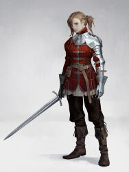  1girl armor arms_at_sides belt belt_buckle belt_pouch black_pants boots breasts brown_belt brown_boots brown_eyes brown_hair buckle closed_mouth dongho_kang eyelashes fantasy full_body gambeson gauntlets gorget gradient_background grey_eyes grey_tunic hair_over_one_eye holding holding_sword holding_weapon juliet_sleeves knee_boots lips long_sleeves nose one_eye_covered original pants pauldrons ponytail pouch puffy_sleeves shadow short_hair short_ponytail shoulder_armor simple_background single_couter single_pauldron single_rerebrace small_breasts solo standing sword third-party_source tunic weapon 
