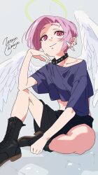  absurdres angel artist_name black_boots black_shoes blush boots collar collarbone commentary_request earrings eyebrow_piercing face_piercing gender_request halo highres jewelry lip_piercing looking_at_viewer nose_piercing nose_ring original piercing pink_eyes pink_hair purple_shirt shirt shoes signature sitting spiked_collar spikes watermark white_wings wings yellow_halo zetsuyo_chimayo 