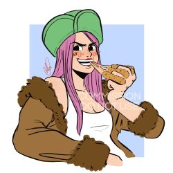  1girl anti-eyebrow_piercing blush brown_jacket commentary eating english_commentary face_piercing food hat highres imgomis jacket jewelry_bonney long_hair one_piece piercing pizza red_lips signature smile solo tank_top white_tank_top 