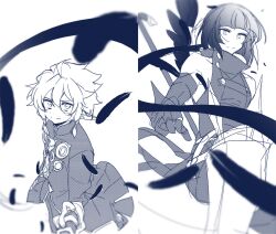  2boys ahoge anpolly bare_shoulders buttons closed_mouth coat commentary_request ear_covers falling_feathers feathers gauntlets hair_between_eyes long_hair male_focus monochrome multiple_boys pointy_ears reaper_(sekaiju) reaper_1_(sekaiju) sekaiju_no_meikyuu sekaiju_no_meikyuu_5 short_hair single_wing sleeveless smile split_mouth warlock_(sekaiju) warlock_1_(sekaiju) wings 