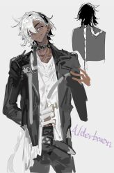  1boy belt black_hair black_jacket black_pants braid character_name choker commentary_request cowboy_shot dark-skinned_male dark_skin ear_piercing earrings fang grey_background hairband hand_in_pocket head_tilt highres jacket jewelry looking_at_viewer male_focus multicolored_hair multiple_views necklace open_clothes open_jacket original pants piercing qyzhiaiyisheng shirt simple_background sketch smile solo violet_eyes white_hair white_shirt 