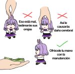 &gt;_&lt; 1girl :3 banknote crying demosense hands holding holding_person how_to_hold_x_(meme) hyogayome indie_virtual_youtuber kangaroo_ears looking_at_object meme multiple_views purple_hair purple_skirt short_hair skirt smile spanish_commentary spanish_text virtual_youtuber