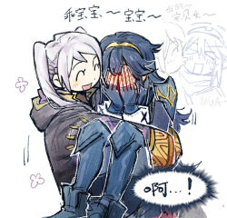  >_< 2girls 79x_(ox79xo) black_robe blue_boots blue_hair blush boots carrying closed_eyes covering_face embarrassed female_robin_(fire_emblem) fire_emblem fire_emblem_awakening full-face_blush hooded_robe kiss kissing_cheek long_hair long_sleeves lucina_(fire_emblem) mother_and_child mother_and_daughter multiple_girls parent_and_child princess_carry robe speech_bubble tiara translation_request twintails white_background white_hair 