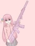  1girl absurdres assault_rifle blue_eyes bocchi_the_rock! cube_hair_ornament english_commentary gotou_hitori green_skirt gun hair_between_eyes hair_ornament hello_kitty highres holding holding_gun holding_weapon jacket long_hair long_sleeves nervous pink_background pink_jacket pleated_skirt rifle simple_background skirt solo stef_ruvx sweatdrop track_jacket very_long_hair weapon weapon_request 