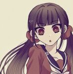  1girl :o black_sailor_collar blunt_bangs brown_background brown_hair collarbone danganronpa_(series) danganronpa_v3:_killing_harmony hair_ornament hair_scrunchie hairclip harukawa_maki long_hair looking_at_viewer low_twintails mole mole_under_eye red_eyes red_scrunchie red_shirt sailor_collar satori_(aosky9077) scrunchie shirt simple_background solo twintails upper_body 