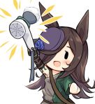  1girl animal_ears arm_tattoo bowl brown_hair chibi cosplay flower gameplay_mechanics hair_over_one_eye hat hat_flower horse_ears link link_(cosplay) meyamu name_connection object_namesake rice_bowl rice_shower_(umamusume) shower_head tattoo the_legend_of_zelda the_legend_of_zelda:_tears_of_the_kingdom toga umamusume white_background 