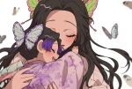  2girls affectionate aged_down animal black_hair blurry blush bug butterfly butterfly_hair_ornament carrying child child_carry closed_eyes colored_tips commentary_request demon_slayer_uniform depth_of_field facing_viewer female_child floating_hair gohanha118 hair_ornament hands_up haori happy hug japanese_clothes kimetsu_no_yaiba kimono kochou_kanae kochou_shinobu long_hair long_sleeves multicolored_hair multiple_girls nail_polish one_eye_covered open_mouth pink_nails portrait profile purple_hair purple_kimono siblings simple_background sisters streaked_hair time_paradox updo white_background wide_sleeves 