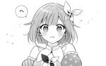  1girl blush bob_cut bow bowtie detached_sleeves frilled_sleeves frills greyscale hair_bow hair_flaps highres looking_at_viewer monochrome ootori_emu open_mouth pnyo_emc project_sekai puffy_short_sleeves puffy_sleeves short_hair short_sleeves simple_background solo speech_bubble sweat 