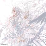  1girl arcaea bone bow dress flower gloves gold_trim hair_bow hands_on_own_chest hikari_(arcaea) long_hair long_sleeves looking_to_the_side mechari open_mouth pink_bow pink_eyes pink_flower pink_rose rose sidelocks thigh-highs very_long_hair white_background white_dress white_gloves white_hair white_thighhighs white_wings wings 