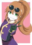  1girl brown_hair closed_mouth eyewear_on_head gloves green_eyes long_hair looking_at_viewer ponytail precis_neumann smile solo star_ocean star_ocean_the_second_story sunglasses v yuiki_wakana 