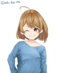  ahoge alternate_costume blue_shirt brown_eyes brown_hair contrapposto grin highres kantai_collection neko_no_hige oboro_(kancolle) one-hour_drawing_challenge one_eye_closed shirt short_hair simple_background smile twitter_username white_background 
