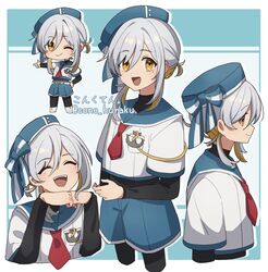  1boy artist_name black_pantyhose black_shirt blue_headwear blue_sailor_collar check_gender closed_eyes closed_mouth cone_huraku facing_to_the_side grey_hair hat looking_at_viewer male_focus mole mole_under_eye necktie open_mouth orange_eyes orange_hair original otoko_no_ko pantyhose red_necktie sailor sailor_collar sailor_hat shirt short_twintails smile solo turtleneck twintails twitter_username 