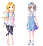  2girls antenna_hair barefoot black_shorts blonde_hair blue_dress blue_hairband blush bobby_socks bow_hairband brown_eyes dress full_body grey_hair hairband highres idolmaster idolmaster_cinderella_girls kawaseki long_hair looking_at_viewer mary_janes mochizuki_hijiri multiple_girls narumiya_yume open_mouth parted_bangs red_eyes shirt shoes short_hair short_sleeves shorts simple_background smile socks white_background white_shirt 