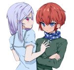  2girls absurdres blue_eyes green_jacket hand_on_another&#039;s_chest haruka(character) highres jacket looking_at_viewer multiple_girls nikoro original red_eyes redhead shirt short_hair vrabius white_hair white_shirt zipper 