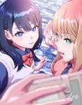  10ttruck 2girls black_hair blue_eyes cellphone commentary_request green_eyes gridman_universe gridman_universe_(film) highres holding holding_phone light_brown_hair looking_at_viewer lower_teeth_only medium_hair minami_yume multiple_girls open_mouth parted_lips phone school_uniform selfie signature smartphone ssss.dynazenon ssss.gridman takarada_rikka teeth 