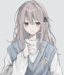  1girl :| black_ribbon blush brown_eyes brown_hair carrot_pin closed_mouth dot_nose expressionless hair_between_eyes hair_ribbon highres long_sleeves looking_away niaa original ribbon shirt simple_background sleeves_past_wrists solo sweater_vest upper_body white_shirt 