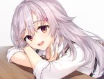  1girl :d cofetaru commentary_request crossed_arms desk double-parted_bangs eyelashes eyes_visible_through_hair grey_hair hair_between_eyes hair_ornament hair_over_shoulder hairclip head_tilt kinoshita_kaede leaning_forward light_blush long_hair long_sleeves nail_polish open_mouth purple_nails red_eyes school_uniform simple_background sleeves_rolled_up smile solo spiky_hair suspenders teeth tenshi_souzou thick_eyebrows upper_teeth_only waving wavy_hair white_background 