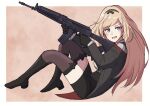  1girl absurdres black_bow black_footwear black_gloves black_jacket black_skirt blonde_hair blue_eyes boots bow brown_background brown_thighhighs commentary_request commission from_side girls_frontline gloves gun haldeco highres holding holding_gun holding_weapon jacket long_hair long_sleeves looking_at_viewer looking_to_the_side name_connection object_namesake off-shoulder_jacket off_shoulder open_mouth shirt skeb_commission skirt solo stg-940_(girls&#039;_frontline) thigh-highs thighhighs_under_boots two-tone_background very_long_hair weapon white_background white_shirt wieger_stg-940 