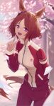  1girl animal_ears arm_behind_back blurry blurry_background blush breasts brown_hair cherry_blossoms day hair_ornament hand_up highres horse_ears horse_girl horse_tail index_finger_raised jacket long_hair long_sleeves looking_at_viewer ningen_gokko open_mouth outdoors pants petals red_jacket red_pants sakura_laurel_(umamusume) small_breasts smile solo standing symbol-shaped_pupils tail track_jacket tree umamusume violet_eyes 