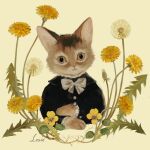  1other absurdres animal_focus black_shirt bow buttons cat character_name closed_mouth collar dandelion flower frilled_collar frilled_sleeves frills highres looking_at_viewer no_humans original plant portrait shirt simple_background tono_(rt0no) whiskers white_bow yellow_flower 