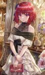  1girl :o arima_kana bare_shoulders blunt_bangs blush bow bowtie bracelet collarbone dress earrings flower frilled_dress frills hair_ribbon highres indoors jewelry looking_at_viewer off-shoulder_dress off_shoulder oshi_no_ko redhead ribbon short_hair solo torino_aqua 