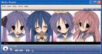  4girls blue_hair blue_sailor_collar blush chocolate_cornet closed_eyes closed_mouth food glasses hair_between_eyes hair_ribbon highres hiiragi_kagami hiiragi_tsukasa holding holding_food izumi_konata long_hair long_sleeves lucky_star mole mole_under_eye multiple_girls pink_hair purple_hair ribbon ryouou_school_uniform sailor_collar school_uniform serafuku short_hair smile takara_miyuki twintails upper_body windows_xp yuara_illust 