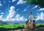  1girl absurdres bandaid bandaid_on_knee bandaid_on_leg black_skirt blue_eyes blue_hair blue_shirt blue_sky brown_bag clouds cloudy_sky commentary_request cumulonimbus_cloud dappled_sunlight day full_body grin hanagamigendai highres jacket looking_at_viewer motor_vehicle mountainous_horizon open_clothes open_jacket original outdoors robot scenery scooter shirt shoes short_hair skirt sky sleeves_rolled_up smile solo standing sunlight tree walking white_jacket 